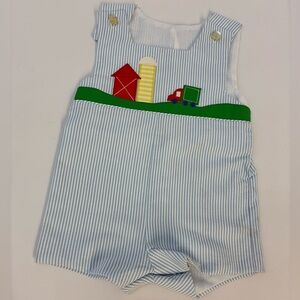 Vintage Jayne Copeland Baby Blue Seersucker Jon Jon Romper Farm tractor barn 12m